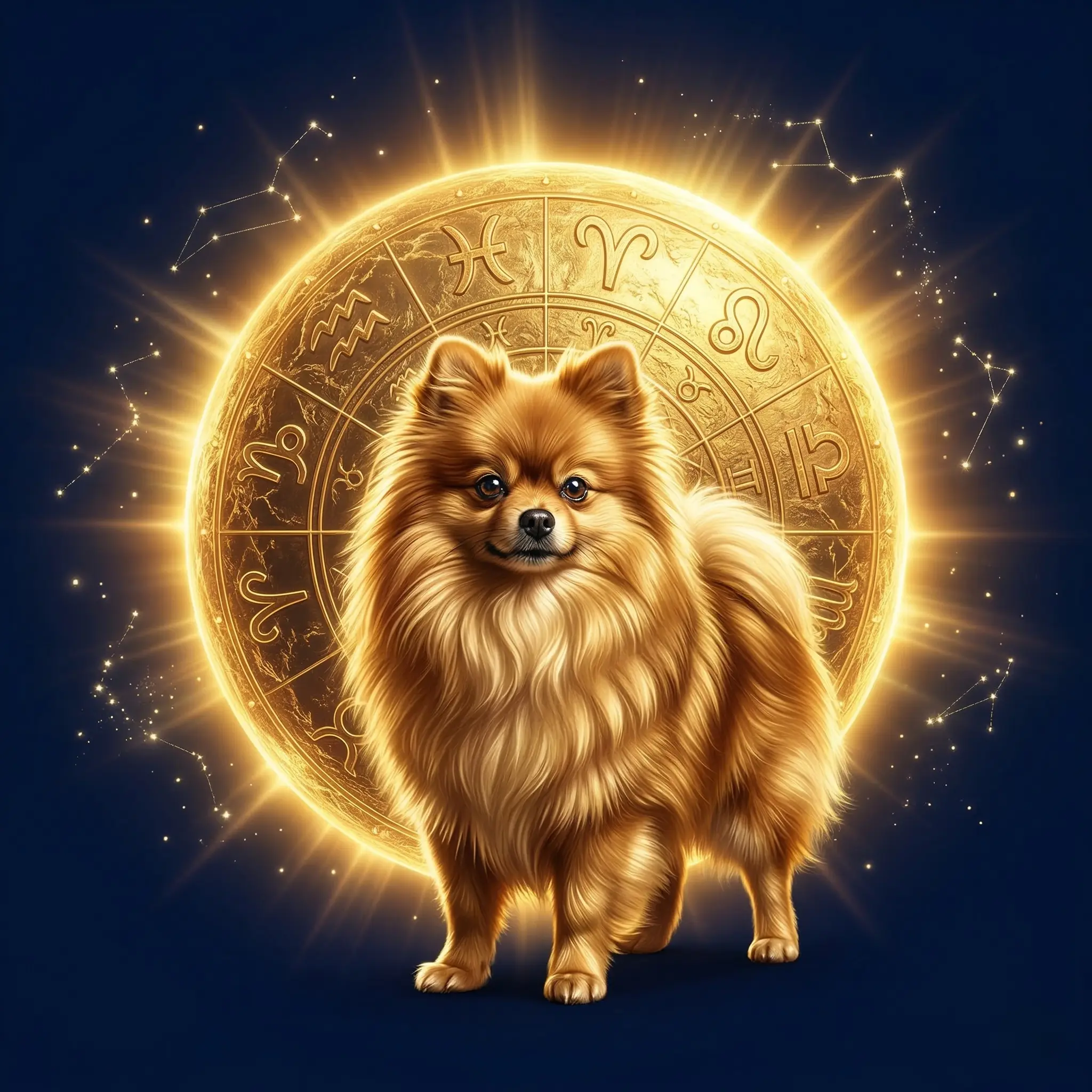 A Pomeranian standing before a glowing golden zodiac wheel against a deep blue starry sky